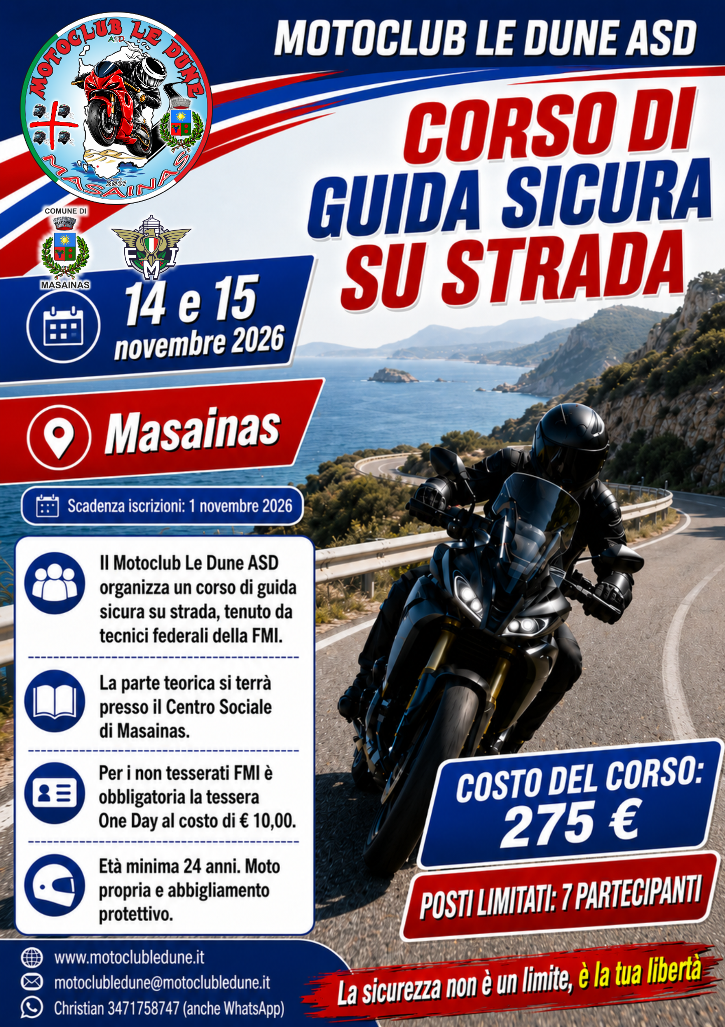 Locandina del Corso di Guida Sicura su Strada del 14 e 15 novembre 2026 a Masainas