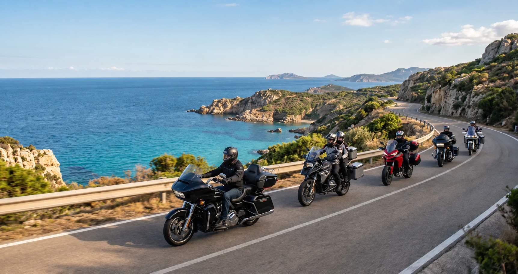 Cinque motociclisti percorrono una strada costiera panoramica affacciata sul mare della Sardegna